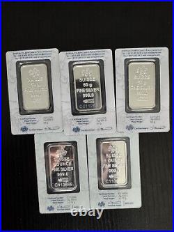 Lot of 5 1 oz Pamp Suisse Lady Fortuna. 999 Fine Silver Bar In Assay Card