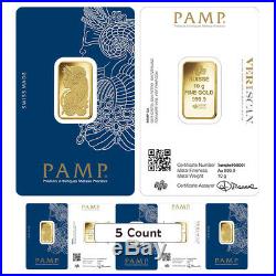 Lot of 5 10 gram Gold Bar PAMP Suisse Lady Fortuna Veriscan. 9999 Fine In
