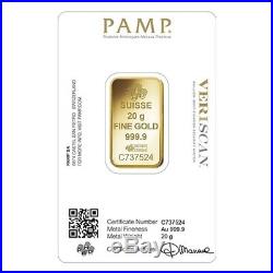Lot of 5 20 gram Gold Bar PAMP Suisse Lady Fortuna Veriscan (In Assay)