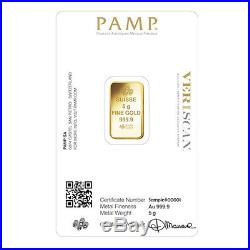 Lot of 5 5 gram Gold Bar PAMP Suisse Lady Fortuna Veriscan. 9999 Fine In Assay
