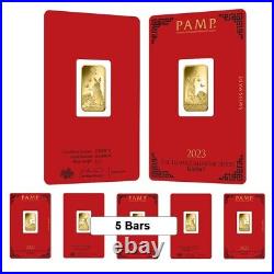 Lot of 5 5 gram PAMP Suisse Year of the Rabbit Gold Bar (In Assay)