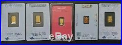 Lot of 5 Gold 1 Gram PAMP / RMC. 9999 Fine Sealed Bars