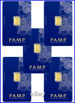 Lot of 5 PAMP Fortuna 1 gram. 9999 Gold Bars Sealed withAssay DELAY SKU30873