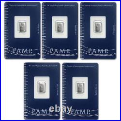 Lot of 5 PAMP Suisse 1 gram Palladium Bar. 9995 Fine Palladium In Assay Card