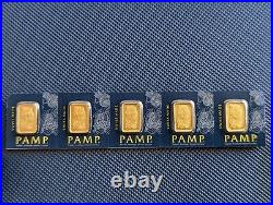 (Lot of 5) Pamp Suisse Gold Bar Lady Fortuna 1 Gram 1g. 9999 24k in Assay Card