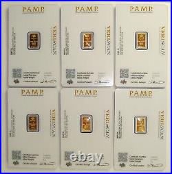 Lot of (6) Pamp Suisse 1 Gram. 9999 Fine Gold Fortuna Bullion Bars
