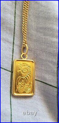 Mens Gold 5 Gram Pamp Suisse 999 Lady Fortuna Bar Pendant w 18k bezel 18k chain