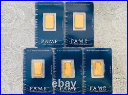 New Lot of 5 PAMP Suisse Fortuna 5g. 9999 Gold Bars Sealed withAssay Certificate