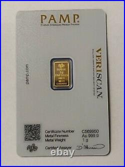 PAMP 1 gram Gold Bar Suisse Lady Fortuna Veriscan. 9999 Fine
