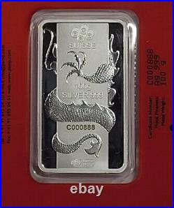 PAMP 100 gram Silver Bar LUNAR YEAR OF THE DRAGON In Assay (ASSAY #888) RARE