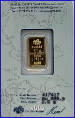 PAMP Fortuna 2.5 gram. 9999 Fine Gold Bar, Sealed # 417417