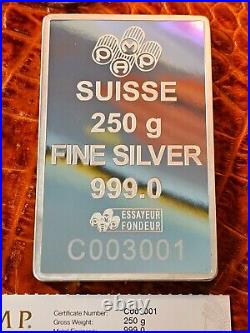 PAMP Lady Fortuna. 999 Fine Silver Minted Bar 250 Grams withAssay SN C002999