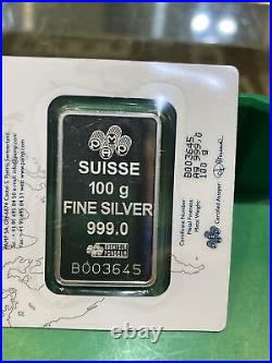 PAMP SUISSE 100 gram Silver Bar Lady Fortuna (New in Assey) Switzerland