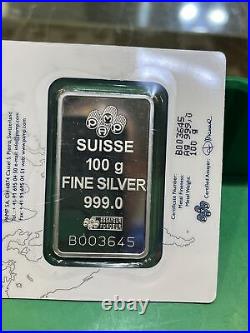 PAMP SUISSE 100 gram Silver Bar Lady Fortuna (New in Assey) Switzerland