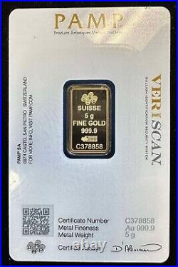 PAMP SUISSE 5 GRAM 999.9 FINE GOLD FORTUNA SEALED ASSAY CARDED 5g GOLD BAR