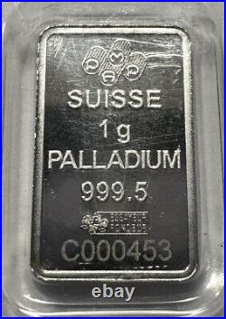 PAMP SUISSE LADY FORTUNA Palladium 1 Gram Bar In assay 999.5 fine