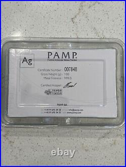 PAMP SUISSE Lady Fortuna 100 gram. 999 Fine Silver Bar Beautiful Toning