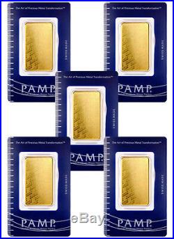 PAMP Suisse 1 Oz Gold Bar Plain Design Lot of 5 (Sealed WithAssay Cert) SKU40113