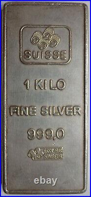 PAMP Suisse 1 kilo. 999 fine silver bar older style