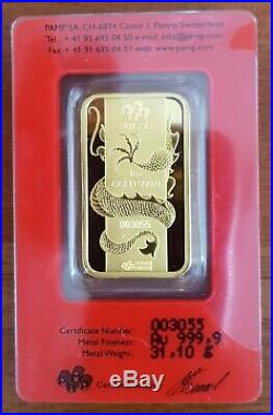 PAMP Suisse 1 oz Dragon Lunar Pure Gold Bar sealed & numbered 999.9 One Ounce