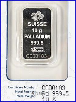 PAMP Suisse 10 Gram Palladium Bar 999.5 Fine Sealed in Assay Swiss Lady Fortuna