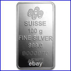 PAMP Suisse 100 Gram Lady Fortuna 999.0 Fine Silver Bullion Bar Certified Sealed