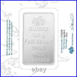 PAMP Suisse 100 Gram Lady Fortuna 999.0 Fine Silver Bullion Bar Certified Sealed