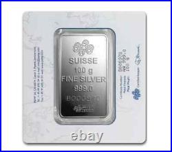 PAMP Suisse 100 Gram Lady Fortuna 999.0 Fine Silver Bullion Bar Certified Sealed