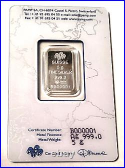 PAMP Suisse 1st ROSE BAR #1 Serial #B000001 SILVER 5g. 999 5 gram 5 g ROSA Art