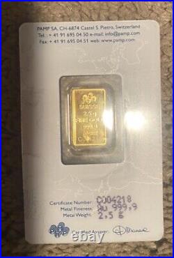 PAMP Suisse 2.5 Gram 999.9 GOLD Bar Sealed in Assay Card