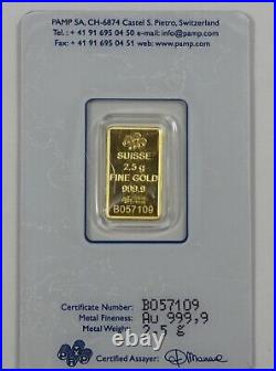 PAMP Suisse 2.5 Gram 999.9 GOLD Bar Sealed in Assay Card