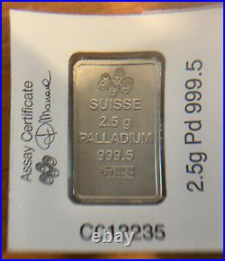 PAMP Suisse 2.5 Gram Palladium Bar. 9995 Assay Card