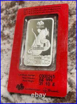 PAMP Suisse 2020 RAT 1 oz Silver Bar (31.10g @ 0.999 pure) cert. # C 000245