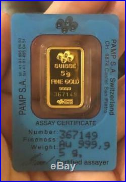 PAMP Suisse 5 Gram 999.9 Gold Bar Fortuna Assay Certificate 367149 Open case