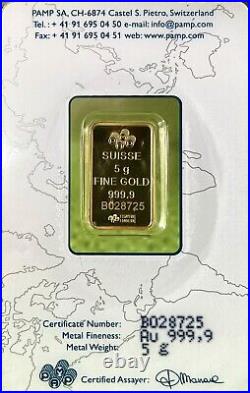 PAMP Suisse 5 grams Gold Bar Lady Fortuna Sealed in Assay Certified 5 g