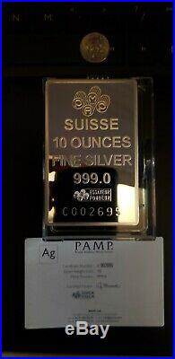 PAMP Suisse Lady Fortuna 10 oz. 999 Silver Bar with Case & COA. No Reserve Auction