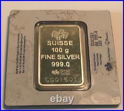 PAMP Suisse Lady Fortuna, 100 Gram 0.999 Fine Silver Bar, Sealed In Assay Card