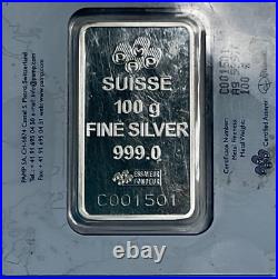 PAMP Suisse Lady Fortuna, 100 Gram 0.999 Fine Silver Bar, Sealed In Assay Card