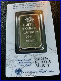 PAMP Suisse Lady Fortuna 1oz Platinum Bar. 9995 Fine SEALED IN ASSAY CARD