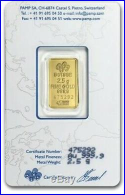 PAMP Suisse Lady Fortuna 2.5 gram Gold Bar 999.9 Fine New In Sealed Assay