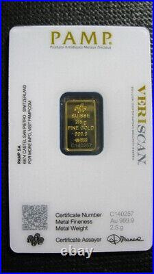 PAMP Suisse Lady Fortuna 2.5 gram Gold Bar in Sealed Assay