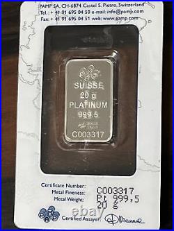 PAMP Suisse Lady Fortuna 20 Gram. 999 Platinum Bar, Sealed With Assay #C003317