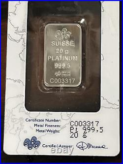 PAMP Suisse Lady Fortuna 20 Gram. 999 Platinum Bar, Sealed With Assay #C003317