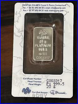 PAMP Suisse Lady Fortuna 20 Gram. 999 Platinum Bar, Sealed With Assay #C003317