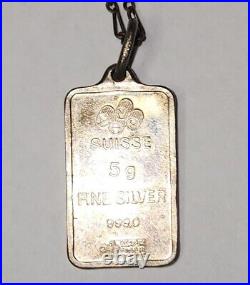 PAMP Suisse Lady Fortuna 5 Gram. 999 Fine Silver Bar Pendant Charm Necklace