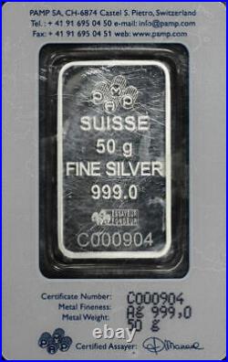 PAMP Suisse Lady Fortuna 50g. 999 Fine Silver Bar in Assay Certified #C000904