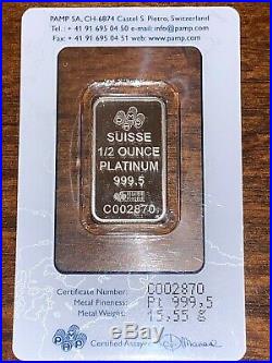 PAMP Suisse Lady Fortuna Platinum Bar 1/2 oz 999.5 Fine in Assay