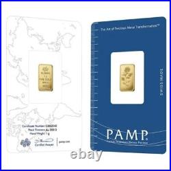 PAMP Suisse Rosa 1 gram. 9999 Gold Bar Sealed Assay Card & 14K Bezel Pendant NEW