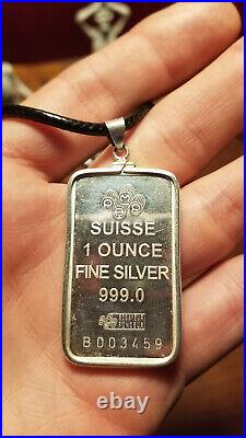 PAMP Suisse Rose 1 Troy oz. 999 fine silver art bar black rope neckless C130