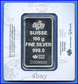 PAMP Suisse Swiss 100g Grams. 999 Fine Silver Bar Lady Fortuna